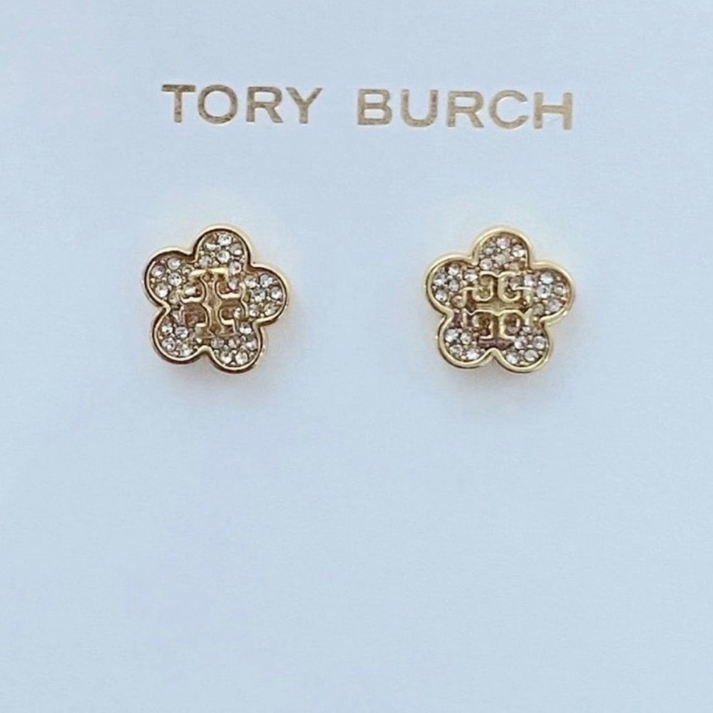 Tory Burch Gold Tone Crystal Pave Flower Logo Stud Earrings Womens